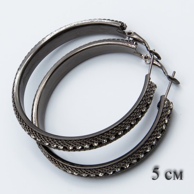 Серьги-кольца№1755 5 см черные со стразами оптом.