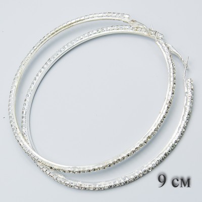 Серьги-кольца№1757 9 см белые с дорожкой из страз оптом.