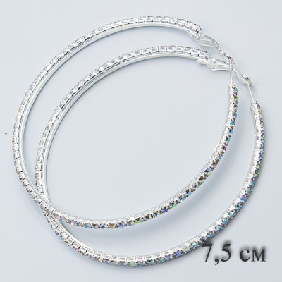 Серьги-кольца№1758 7.5 см белые с дорожкой из страз оптом.