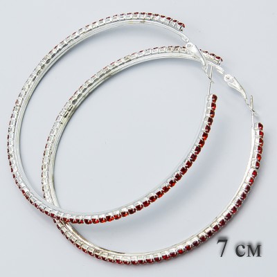 Серьги-кольца№1772 7 см с красными стразами оптом.