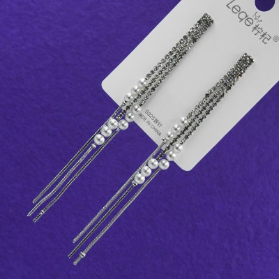 Сережки№21     вісюльки з перлинами та білими стразами під серебро купити сережки довгі віслюльки оптом