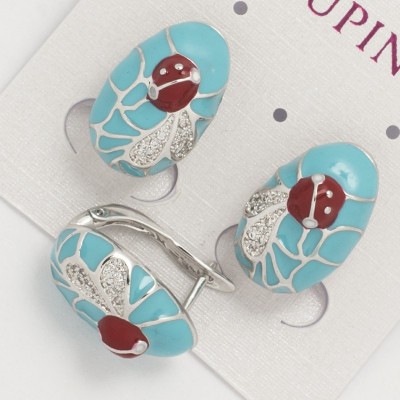Серьги Xuping №1378    с голубой и бордовой эмалью на основе под серебро.