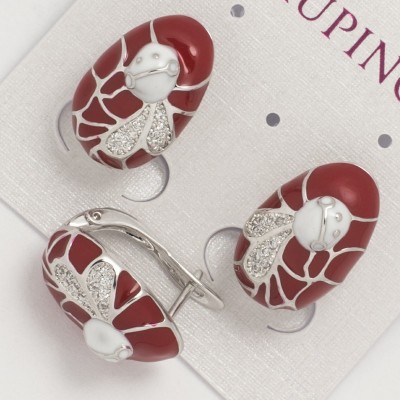 Серьги Xuping №1378    с бордовой эмалью и белыми цирконами.