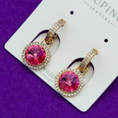 Сережки xuping№109И SWAROVSKI на круглому замку темно-рожевого кольору купити медзолото оптом від виробника