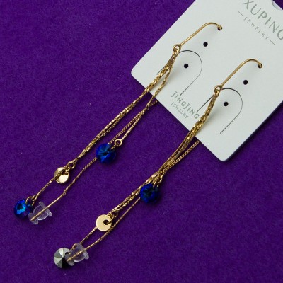 Сережки xuping№116А   SWAROVSKI висюльки-протяжки з синими камінням купити медзолото оптом від виробника позолотка