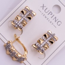 Сережки Xuping№445А 18х7мм двокольорові з білими цирконами оптом медичне золото від виробника біжумаркет