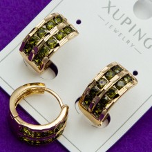 Сережки Xuping№311    подвійна доріжка із цирконами яблучного кольору купити оптом сережки медзолото позолотка