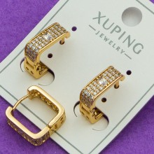 Сережки Xuping№440  12х12мм 5ммм геометричної форми з бiлими цироконами  медичне золото 18к оптом сережки від постачальника