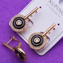 Сережки Xuping№370 d-13мм висота 27мм із чорною вставкою кераміки куплю оптом сережки ксюпінг медзолото