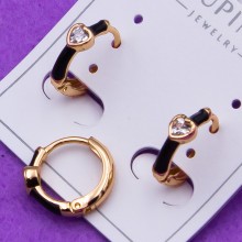 Сережки Xuping№620 кільця 12мм з черною емаллю та серцем куплю біжутерію з медзолота оптом