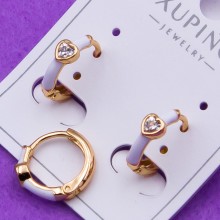 Сережки Xuping№621 кільця 12мм з білою емаллю та серцем куплю біжутерію з медзолота оптом