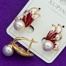 Сережки Xuping№622   з перлиною та пелюстки з емаллю купити медзолото оптом недорого