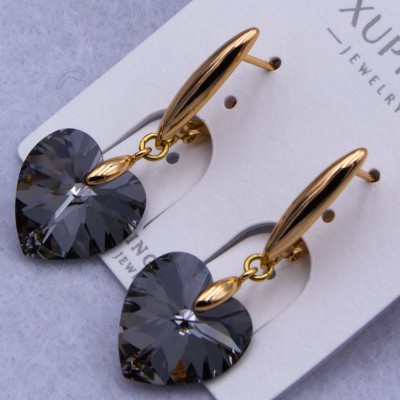 Сережки Xuping№755А 15х15 мм сірі сердечки Swarovski купити недорого медзолото від виробника біжутерика