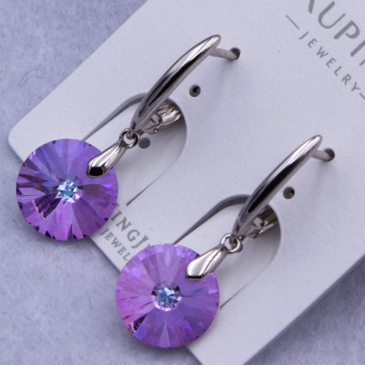 Сережки Xuping№756 d-11 мм з фіолетовим круглим каменем Swarovski купити недорого медзолото від виробника біжутерика