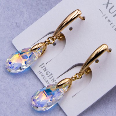 Сережки Xuping№758 15х7 мм біло-блакитні підвіски краплі Swarovski купити недорого медзолото від виробника біжутерика