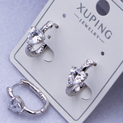 Сережки Xuping№337 h-15 мм, 5х5 мм з білим цирконом огранка серце оптом ксюпінг сережки в інтернет магазині позолотка
