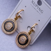 Сережки Xuping№2553 d-16 мм з чорною керамічною вставкою та цирконами оптом ксюпінг сережки в інтернет магазині позолотка