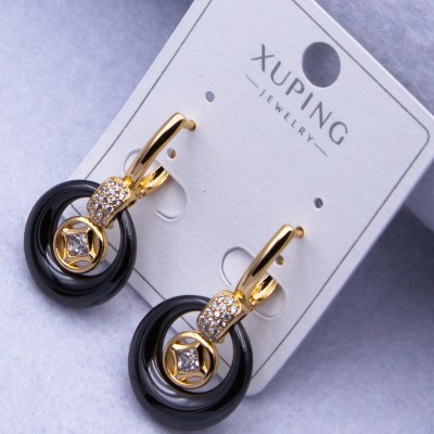 Сережки Xuping№2554 d-17 мм, р-30 мм з об'ємними чорними кільцями з ювелірної кераміки оптом ксюпінг сережки в інтернет магазині позолотка