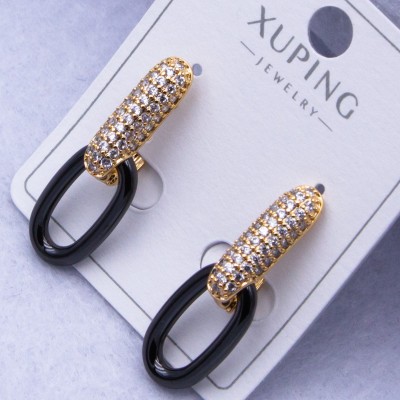 Сережки Xuping№2555 13х9 мм, р-27 мм з чорною висюлькою з ювелірної кераміки оптом ксюпінг сережки в інтернет магазині позолотка