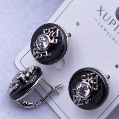 Сережки Xuping№2565 d-15 мм чорний керамічний круг з накладкою оптом ксюпінг сережки в інтернет магазині позолотка