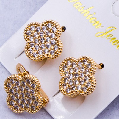 Сережки сталь№204 15 мм Van Cleef & Arpels конюшина з цирконами медична сталь куплю оптом біжумаркет