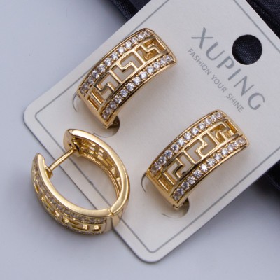 Сережки Xuping№351 h-20мм ширина 10мм 18к широкі напівкільця з геометричним грецьким орнаментом ксюпінг сережки в інтернет магазині позолотка